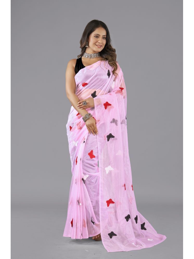     			A TO Z CART Net Embroidered Saree With Blouse Piece - Pink ( Pack of 1 )