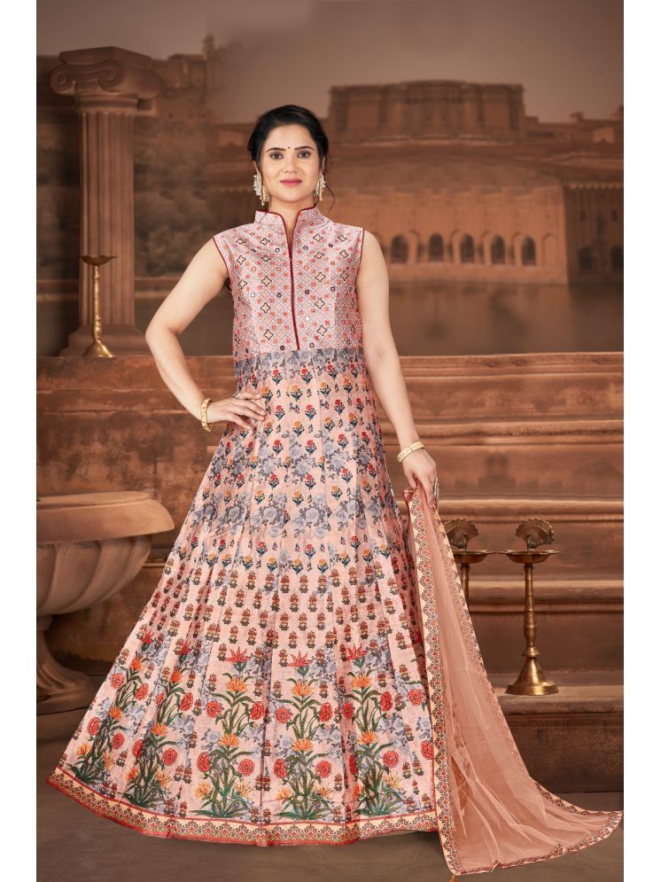     			ETHNICTREE Peach Flared Silk Women's Stitched Ethnic Gown ( Pack of 1 )