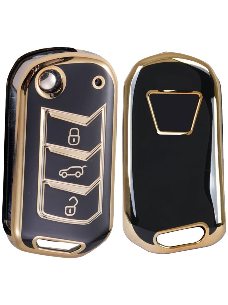     			TPU Car Key Cover for Mahindra Scorpio | XUV 300 | Marazzo | XUV 700 | XUV 400 | XUV 400 EV | Bolero | Thar 3 Button Flip Key Cover (Black-Gold)