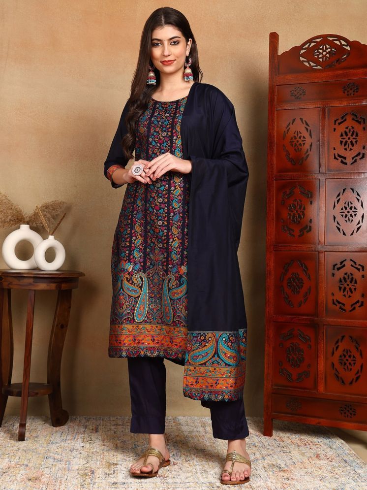     			Vaamsi Silk Blend Self Design Ethnic Top With Pants Women's Stitched Salwar Suit - Navy Blue ( Pack of 1 )