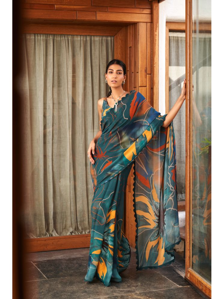     			PHORIA STYLE Crepe Printed Saree With Blouse Piece - LightBLue,Rama ( Pack of 1 )