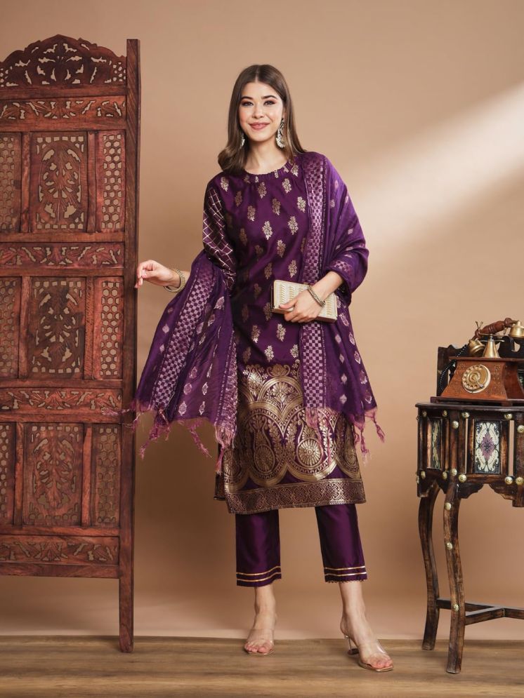     			VredeVogel Cotton Silk Embellished Kurti With Pants Women's Stitched Salwar Suit - Purple ( Pack of 1 )