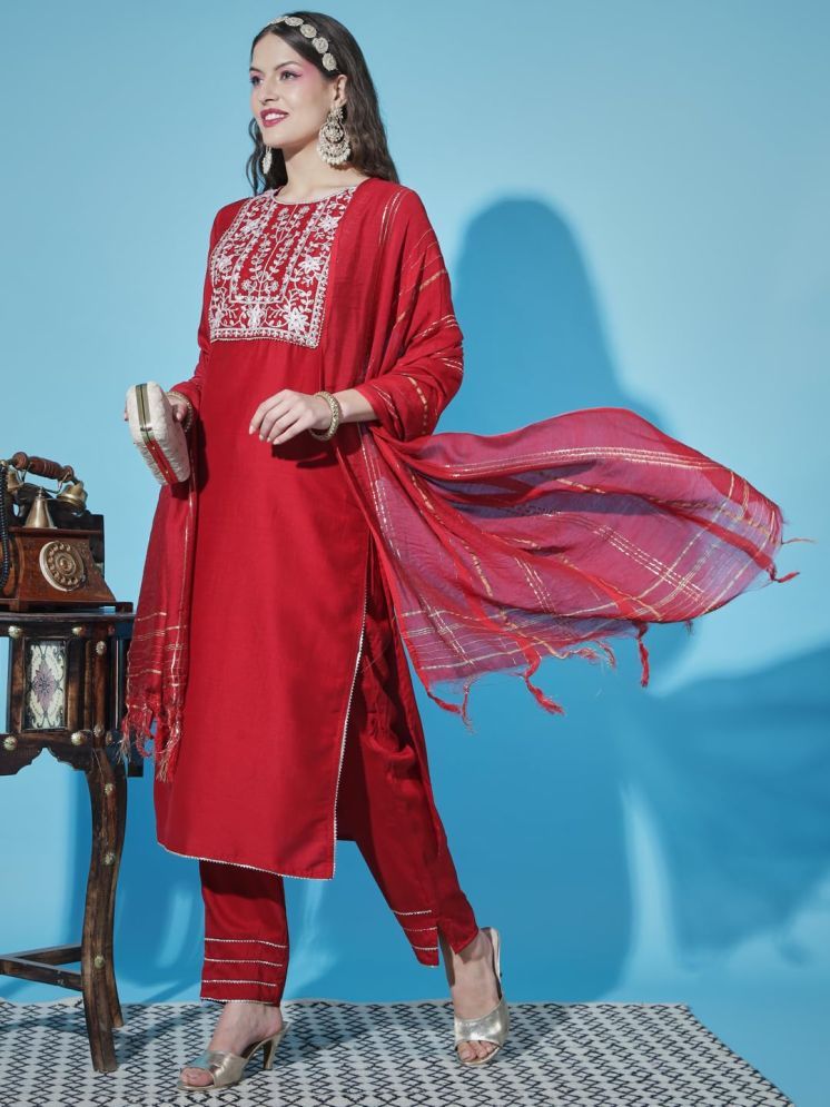     			VredeVogel Cotton Silk Embroidered Kurti With Pants Women's Stitched Salwar Suit - Red ( Pack of 1 )