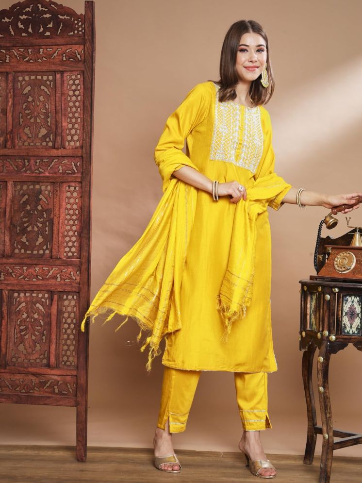     			VredeVogel Cotton Silk Embroidered Kurti With Pants Women's Stitched Salwar Suit - Yellow ( Pack of 1 )