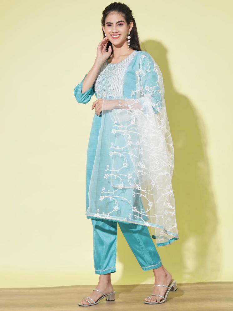     			VredeVogel Silk Blend Embroidered Kurti With Pants Women's Stitched Salwar Suit - Blue ( Pack of 1 )