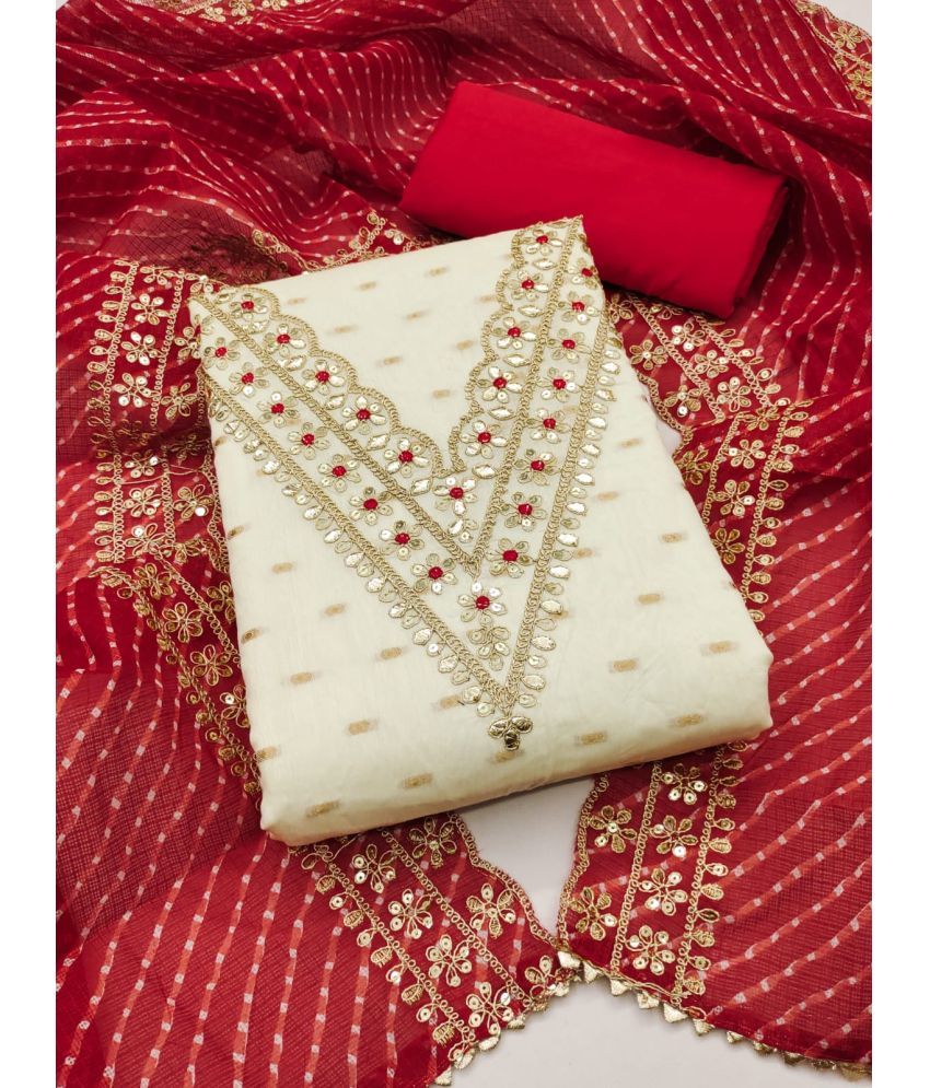     			ALSHOP Unstitched Chanderi Embellished Dress Material - White ( Pack of 1 )