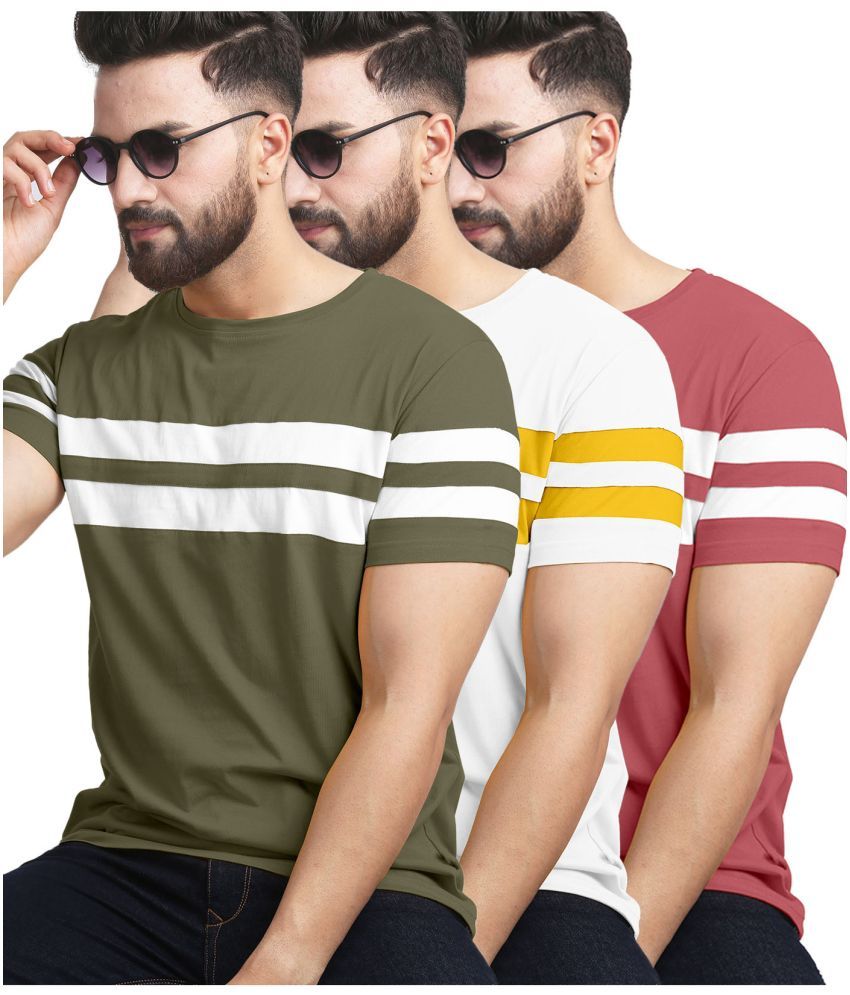     			AUSK Cotton Blend Regular Fit Striped Half Sleeves Men's T-Shirt - White ( Pack of 3 )