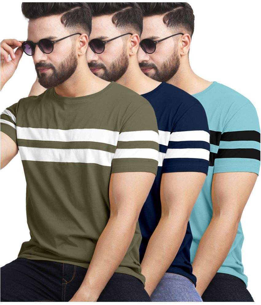     			AUSK Cotton Blend Regular Fit Striped Half Sleeves Men's T-Shirt - Sky Blue ( Pack of 3 )