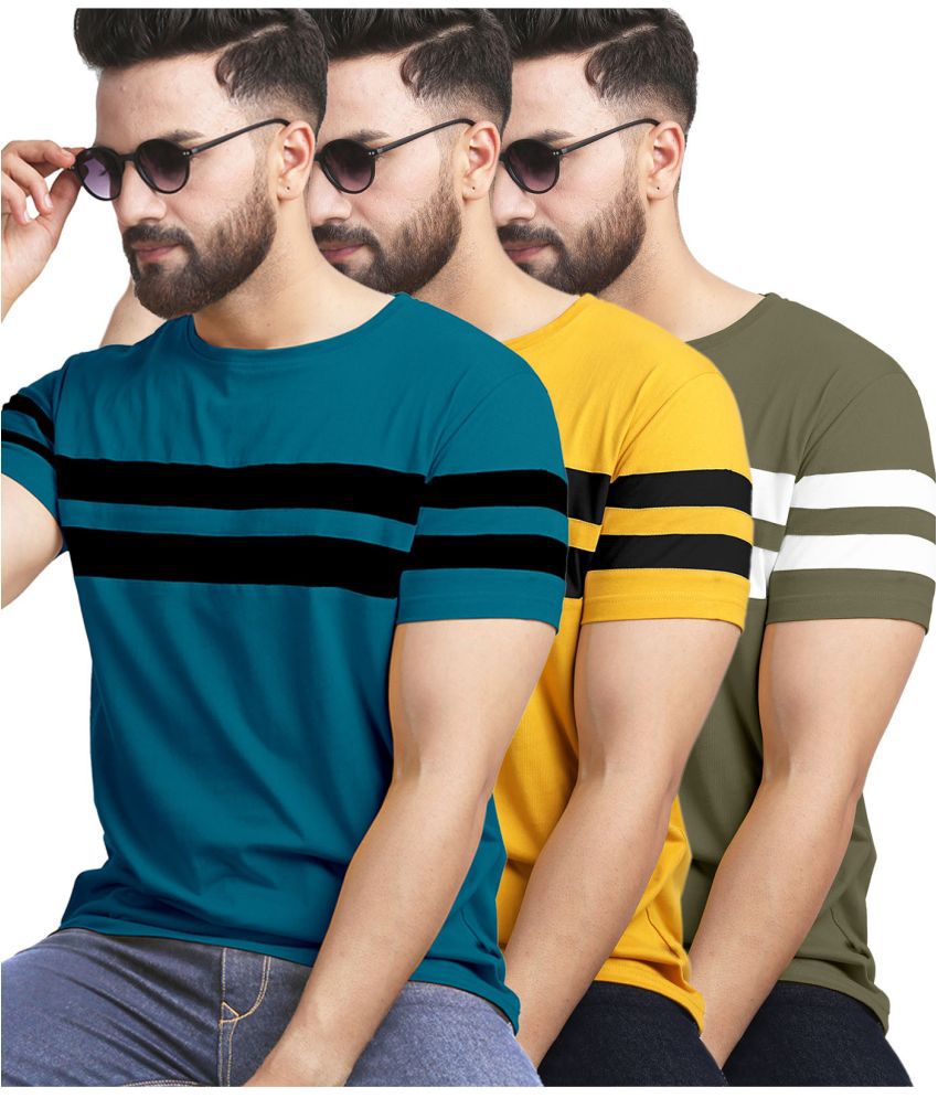     			AUSK Cotton Blend Regular Fit Striped Half Sleeves Men's T-Shirt - Mustard ( Pack of 3 )