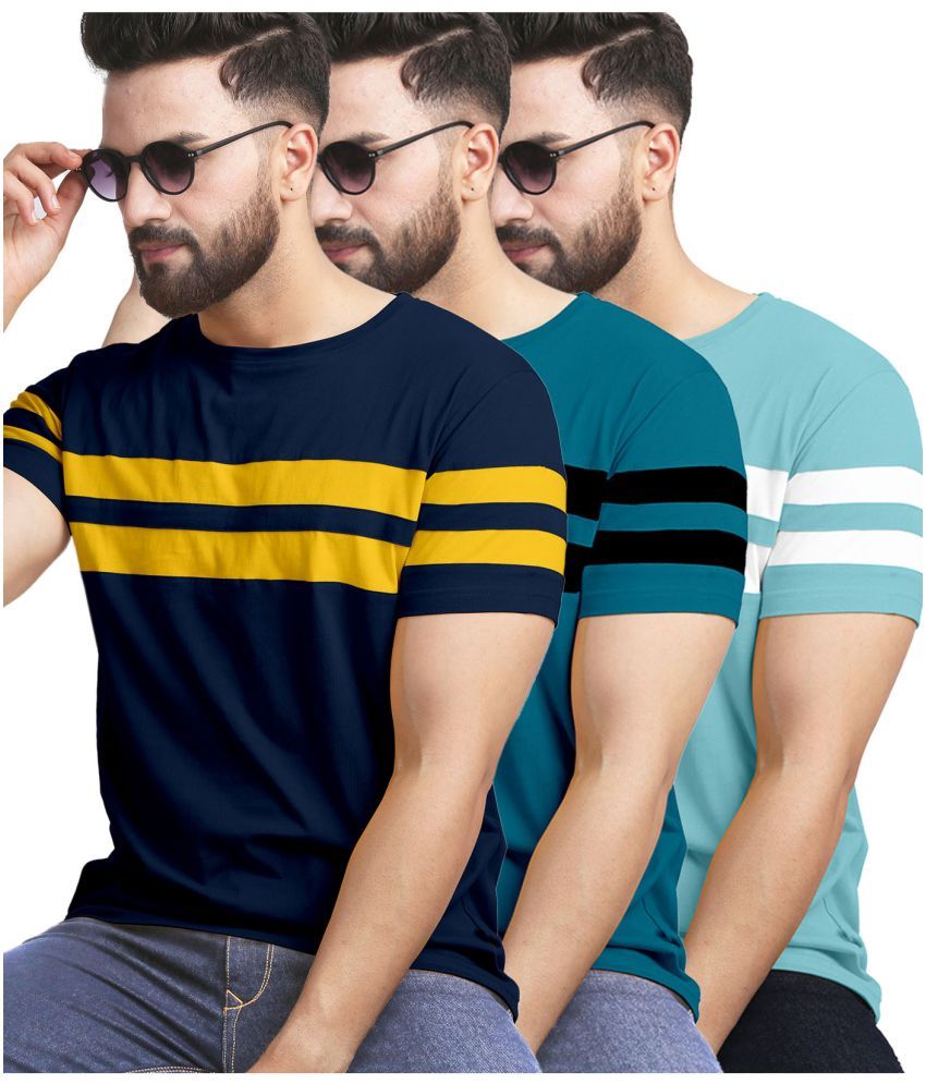     			AUSK Cotton Blend Regular Fit Striped Half Sleeves Men's T-Shirt - Blue ( Pack of 3 )