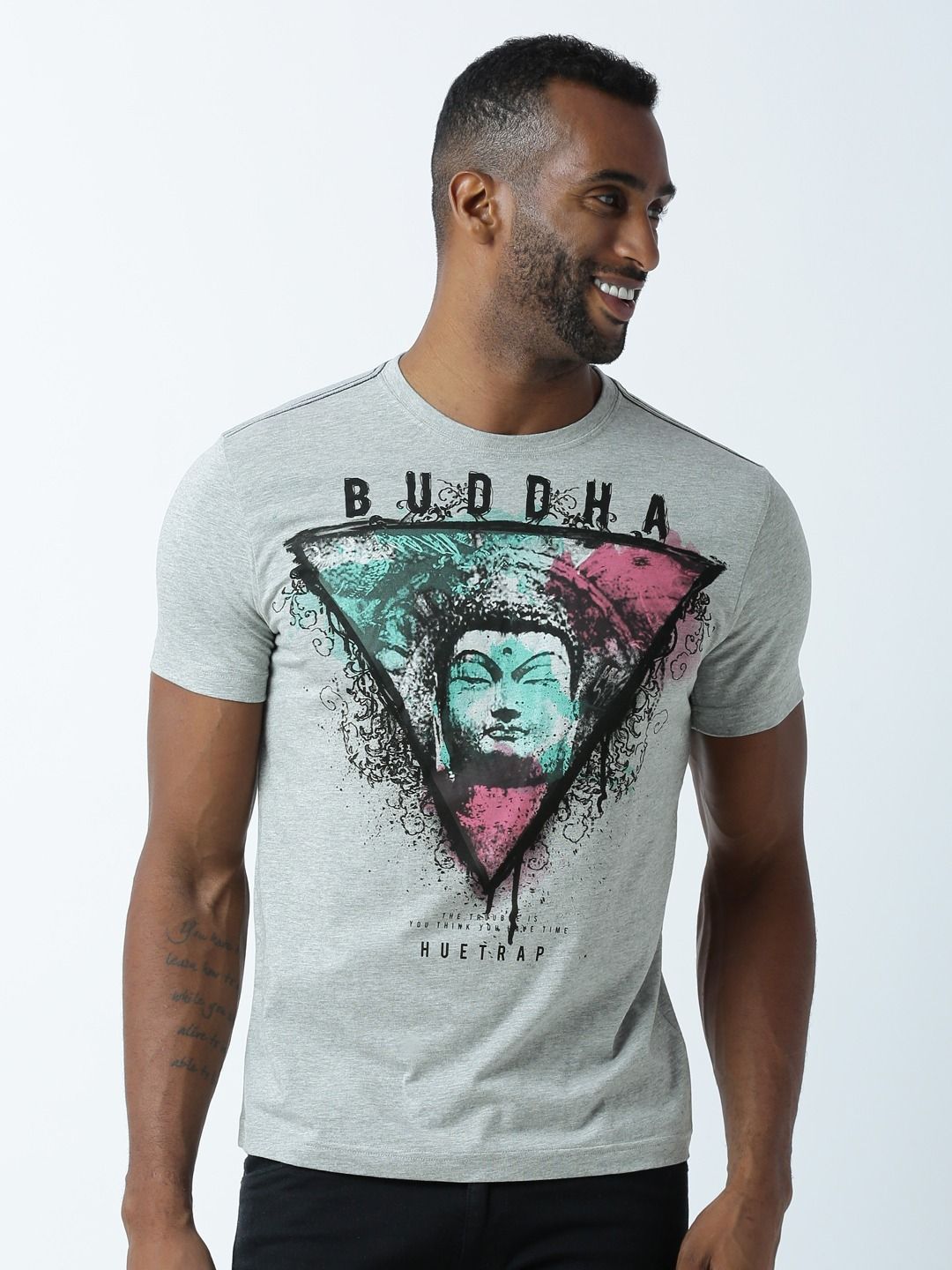     			Huetrap cotton Grey Printed T-Shirt Single Pack