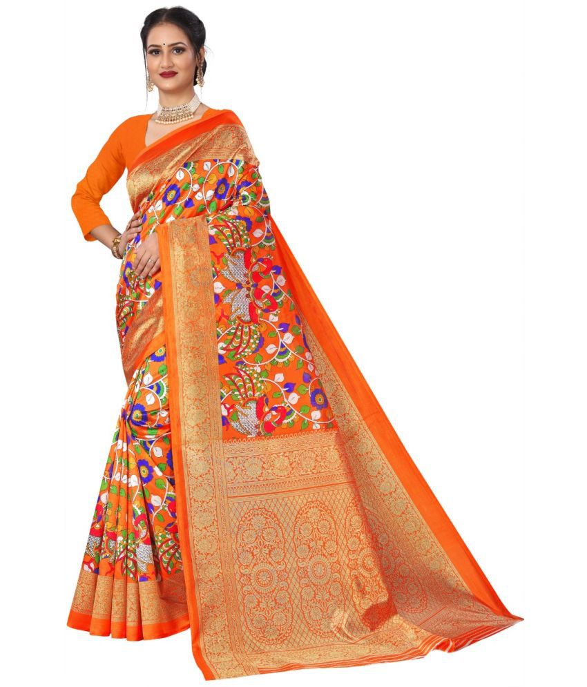     			Kanooda Prints Art Silk Printed Saree With Blouse Piece - Orange ( Pack of 1 )