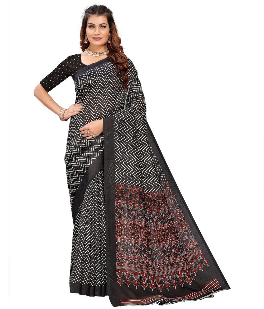     			Kanooda Prints Art Silk Printed Saree With Blouse Piece - Black ( Pack of 1 )