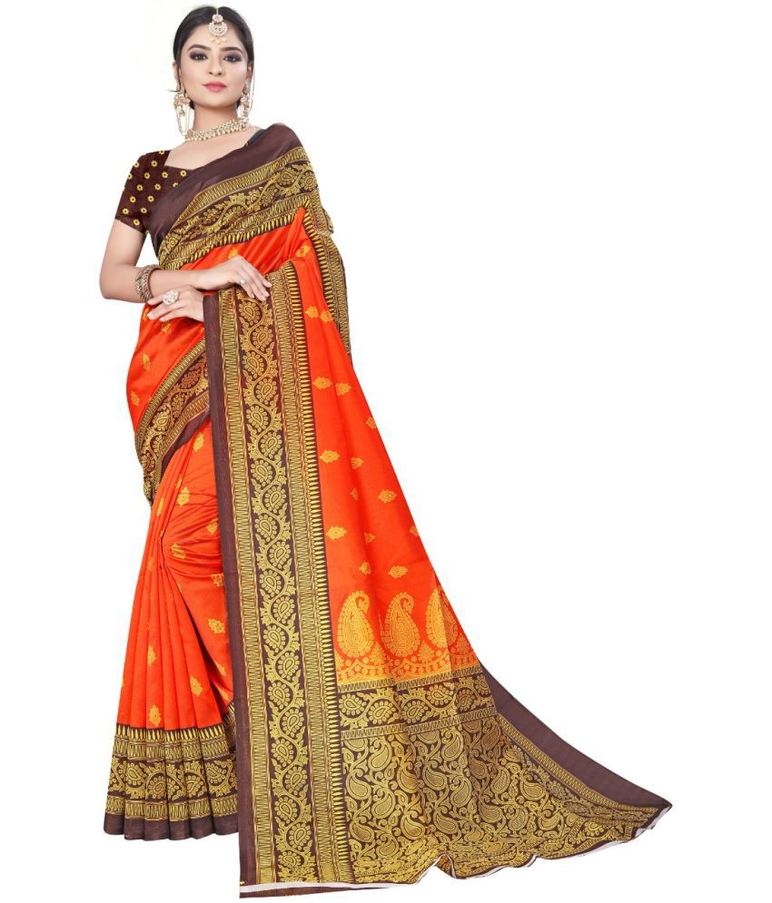    			Kanooda Prints Art Silk Printed Saree With Blouse Piece - Orange ( Pack of 1 )