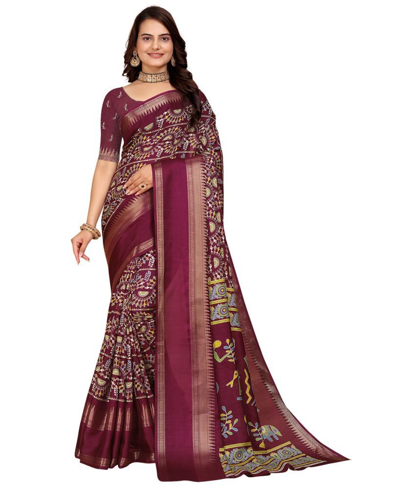     			Kanooda Prints Silk Printed Saree With Blouse Piece - Wine ( Pack of 1 )