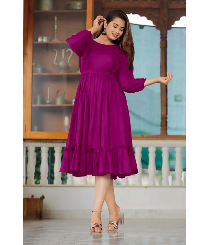     			Krunal Raiyani Polyester Solid Midi Women's Fit & Flare Dress - Purple ( Pack of 1 )