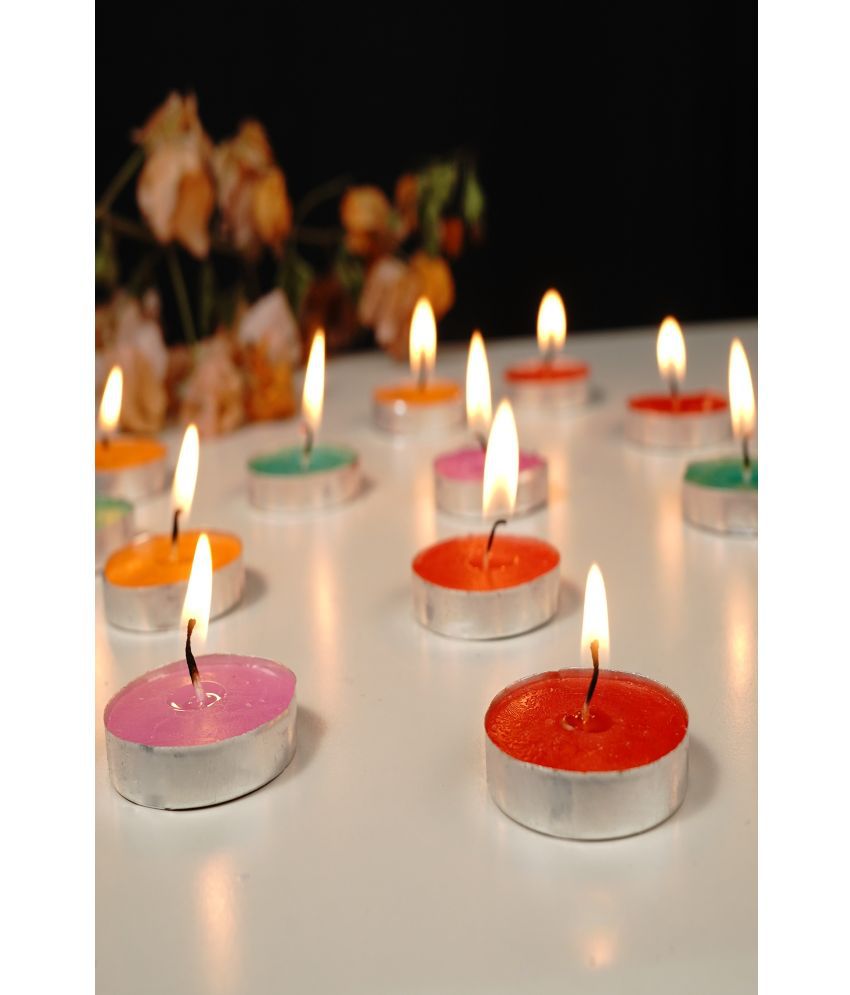     			Manogyam Multicolour Wax Tea Light Candle 25 cm ( Pack of 50 )