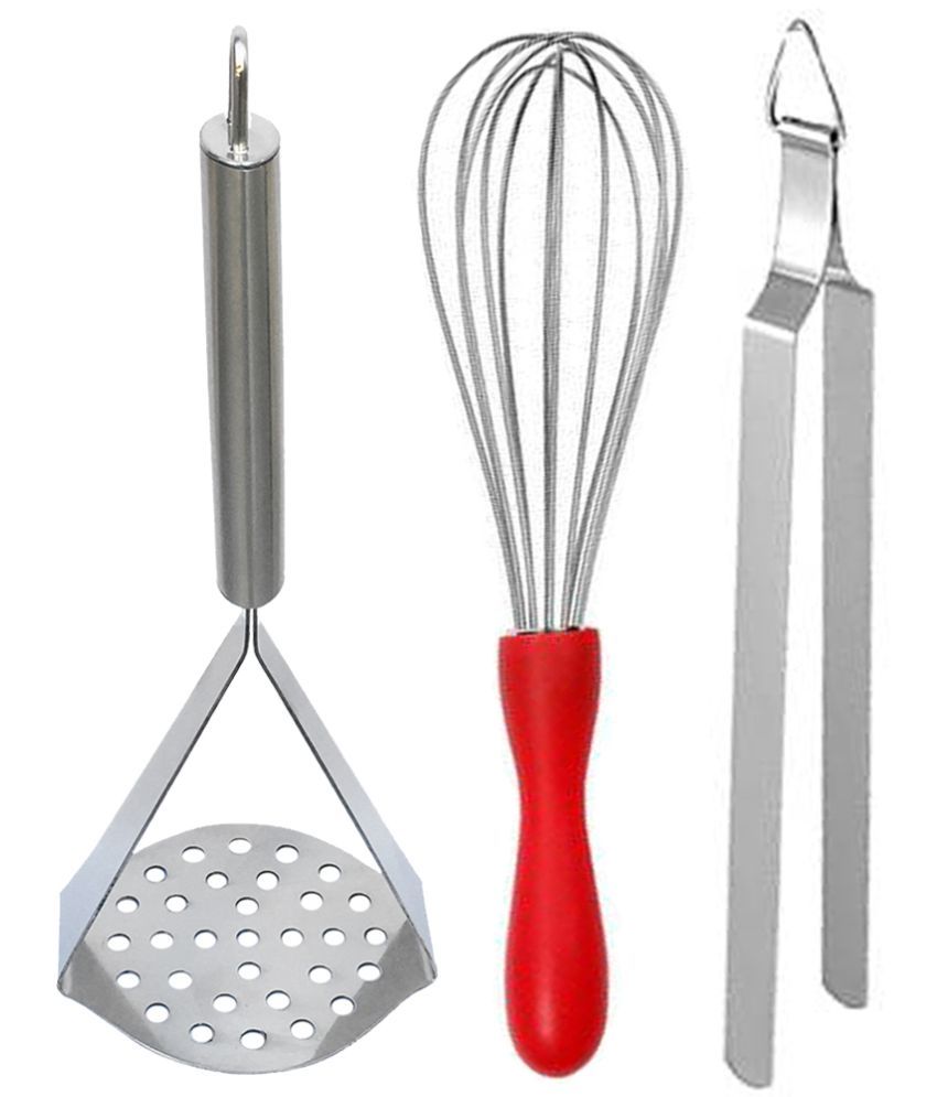     			OC9 Silver Stainless Steel Egg Whisk+Chimta+Potato Masher ( Set of 3 )