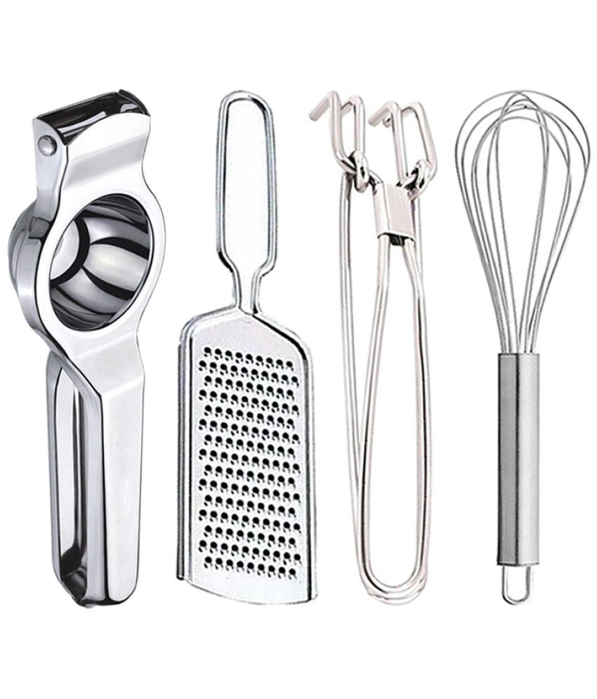     			OC9 Silver Stainless Steel Lemon Squeezer+Cheese Grater+Pakkad+Whisk ( Set of 4 )