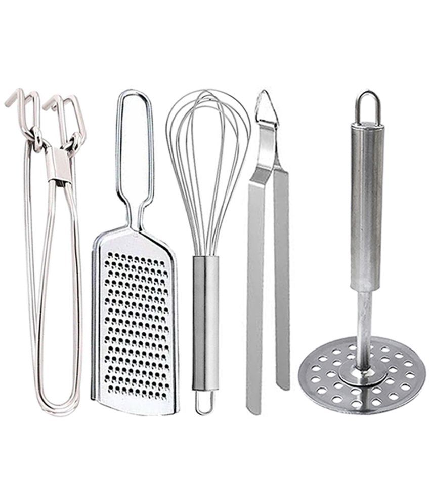     			OC9 Silver Stainless Steel Pakkad+Cheese Grater+Whisk+Chimta+Masher ( Set of 5 )