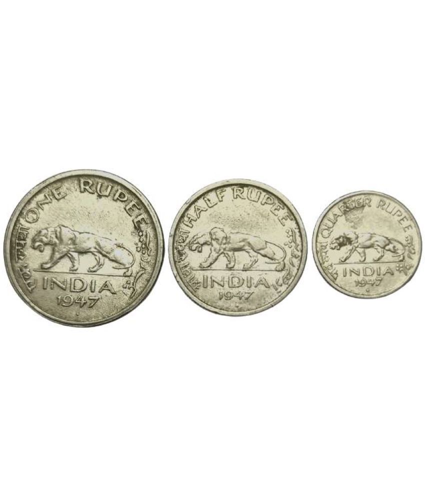     			Rare 1 Rupee Half Rupee and Quarter Rupee 1947 year Coins Set