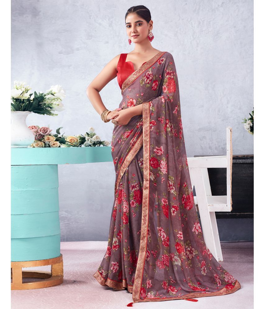     			Samah Chiffon Printed Saree With Blouse Piece - Mauve ( Pack of 1 )