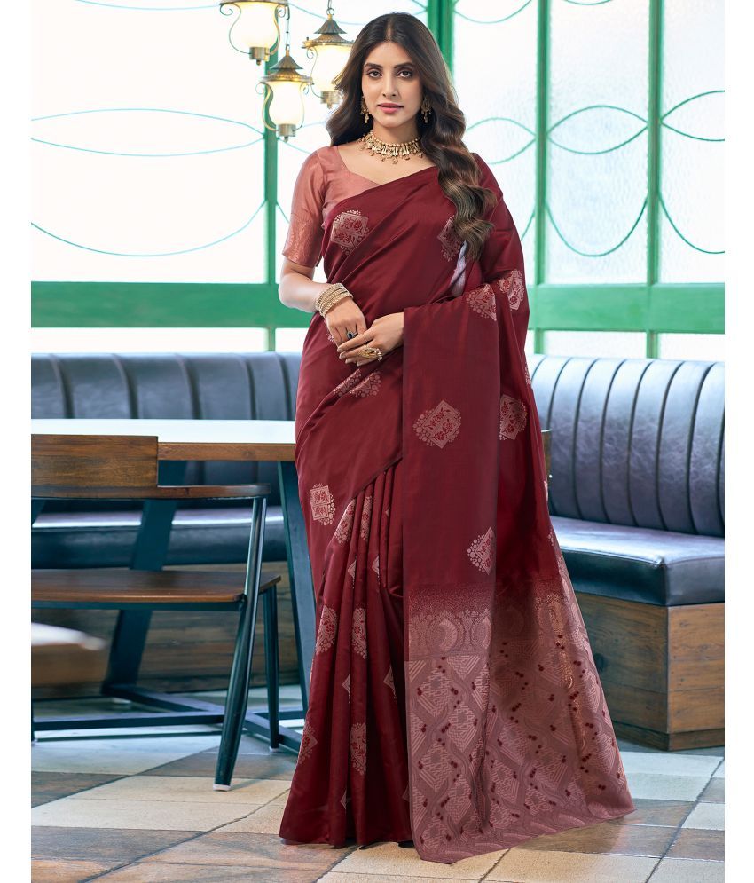     			Samah Silk Blend Self Design Saree With Blouse Piece - Maroon ( Pack of 1 )