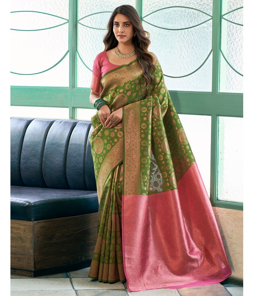     			Samah Silk Blend Woven Saree With Blouse Piece - Green ( Pack of 1 )