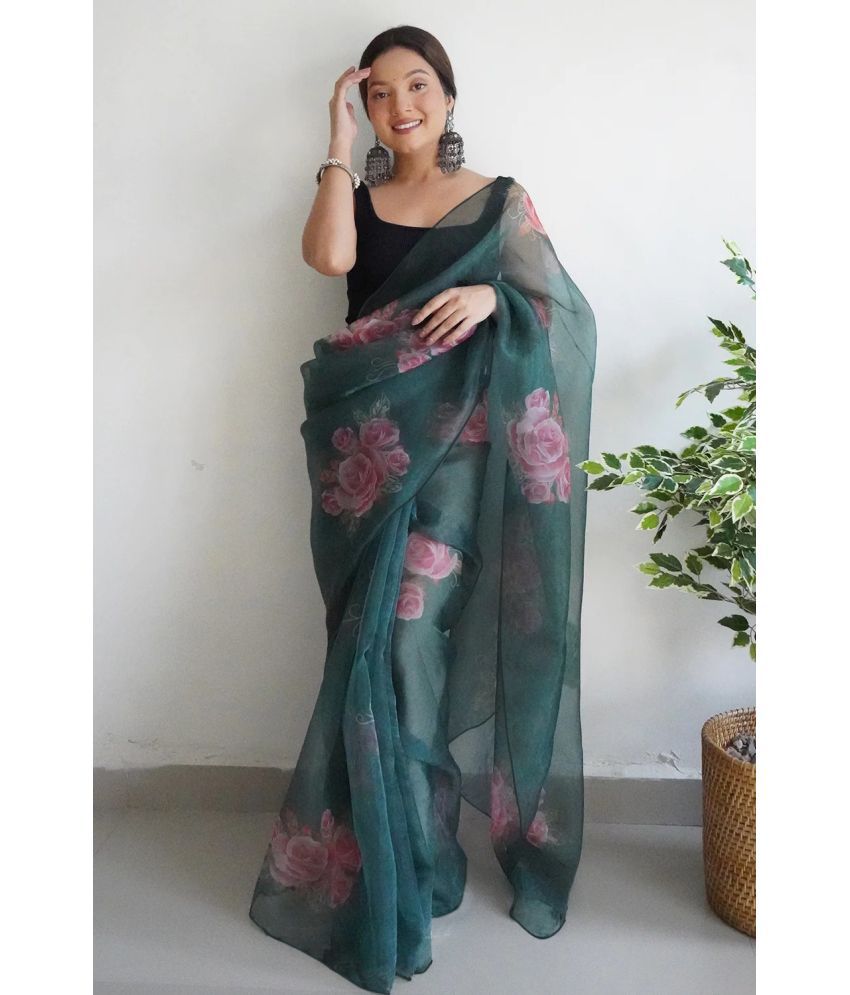     			Trijal Fab Organza Printed Saree With Blouse Piece - Green ( Pack of 1 )