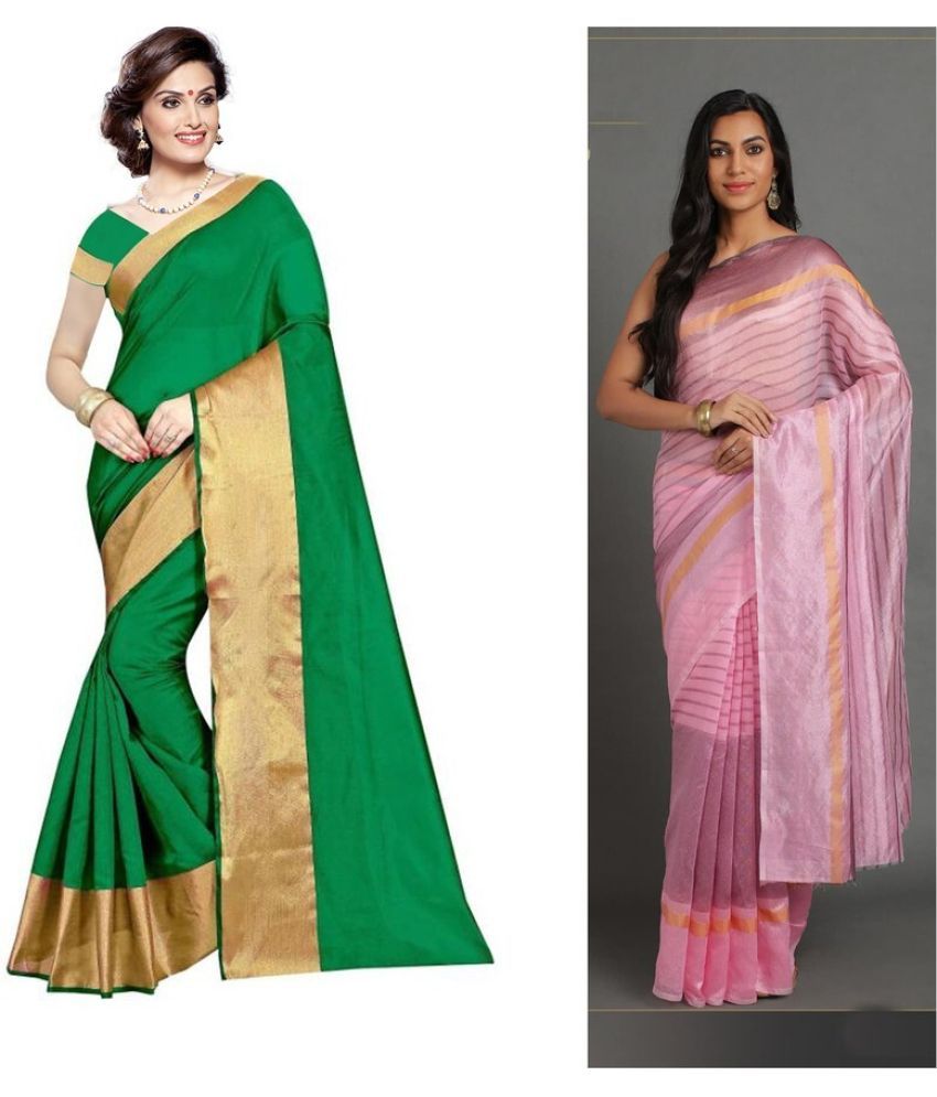     			Vkaran Cotton Silk Applique Saree Without Blouse Piece - Multicolor ( Pack of 2 )