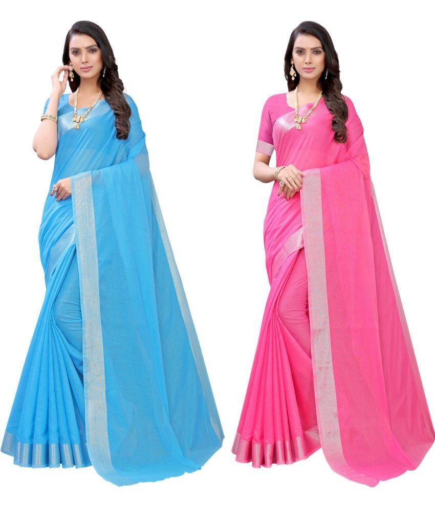     			Vkaran Cotton Silk Applique Saree Without Blouse Piece - Multicolor ( Pack of 2 )