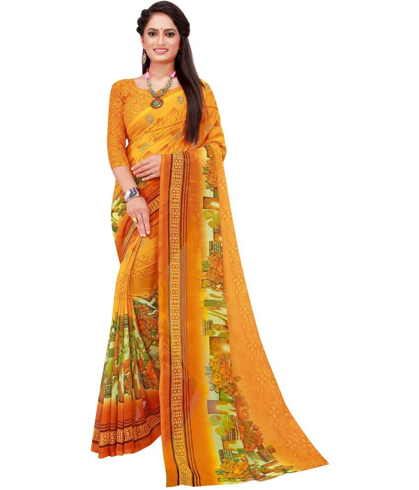     			Vkaran Cotton Silk Applique Saree Without Blouse Piece - Yellow ( Pack of 1 )