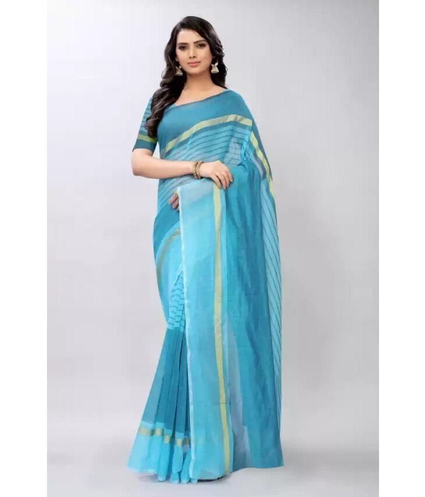     			Vkaran Cotton Silk Applique Saree Without Blouse Piece - Blue ( Pack of 1 )