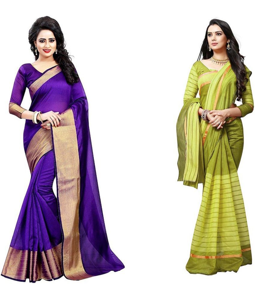     			Vkaran Cotton Silk Applique Saree Without Blouse Piece - Purple ( Pack of 2 )