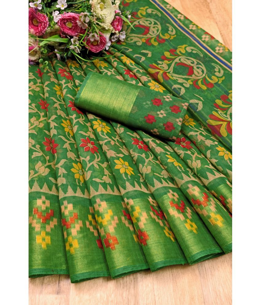     			Vkaran Cotton Silk Applique Saree Without Blouse Piece - Green ( Pack of 1 )