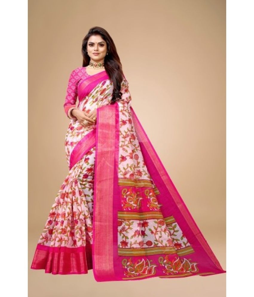     			Vkaran Cotton Silk Applique Saree Without Blouse Piece - Pink ( Pack of 1 )