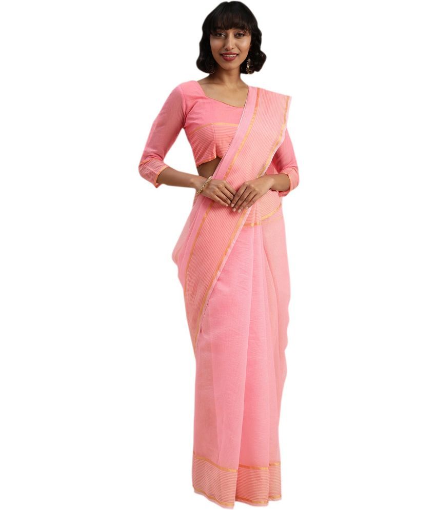     			Vkaran Cotton Silk Applique Saree Without Blouse Piece - Pink ( Pack of 1 )