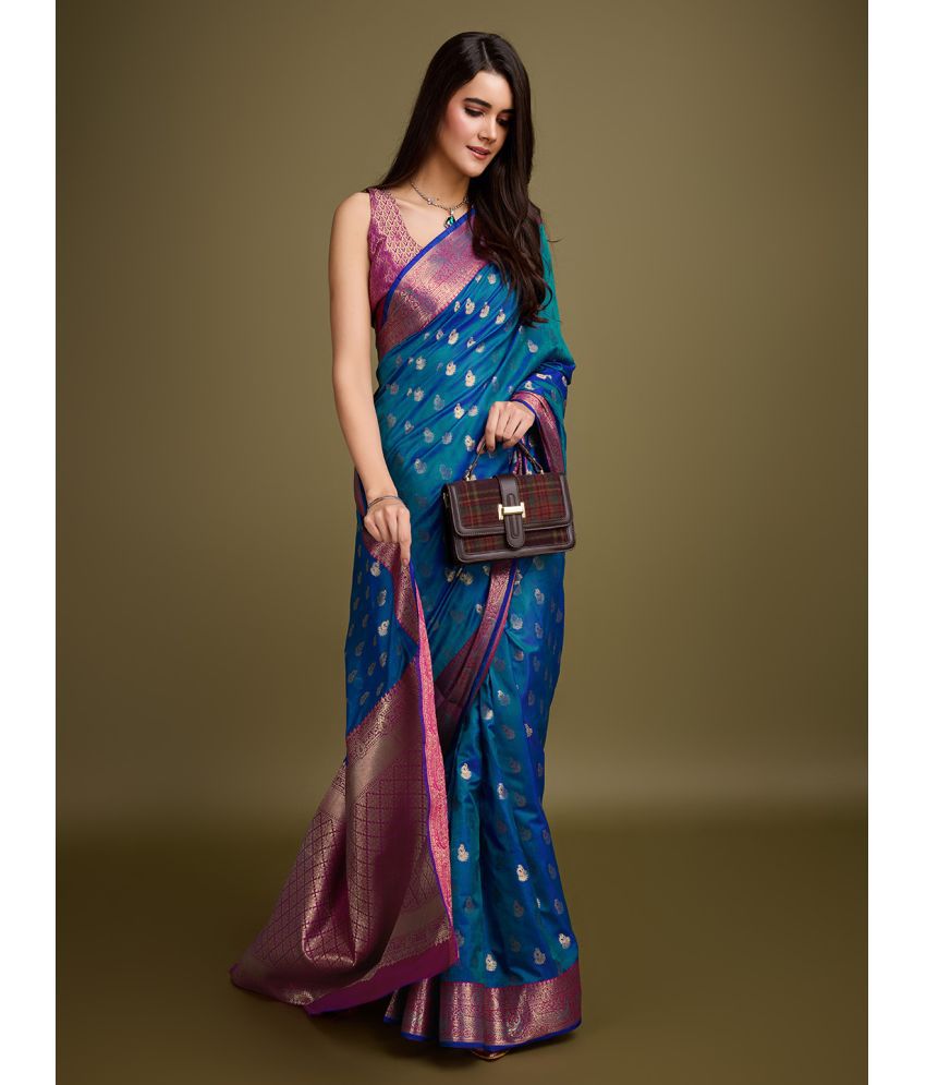     			Yogi Banarasi Silk Self Design Saree With Blouse Piece - Blue ( Pack of 1 )