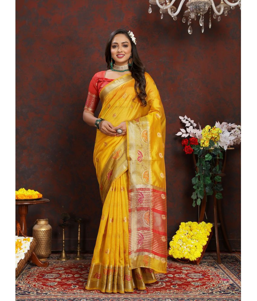     			ofline selection Organza Woven Saree With Blouse Piece - Yellow ( Pack of 1 )