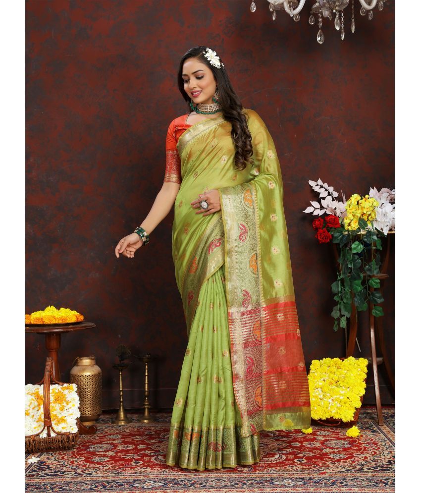     			ofline selection Organza Woven Saree With Blouse Piece - Lime Green ( Pack of 1 )