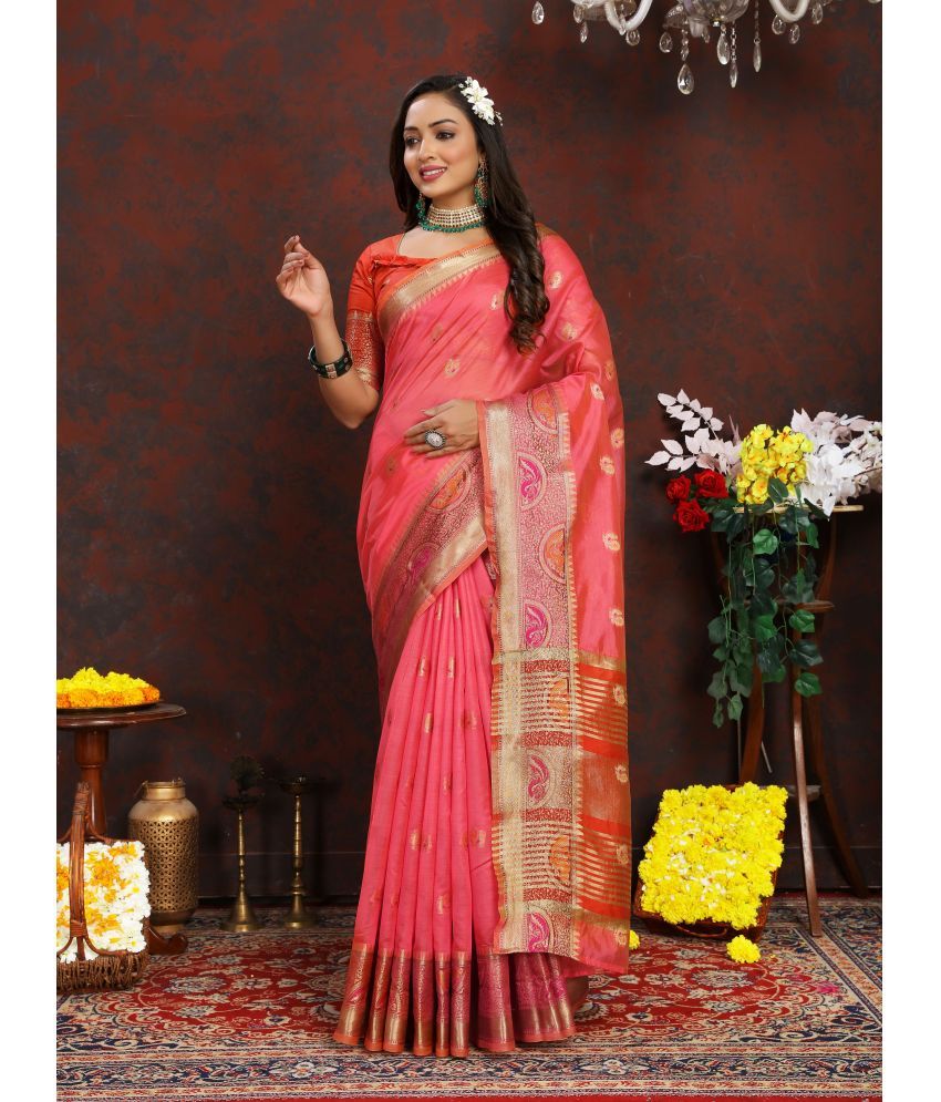     			ofline selection Organza Woven Saree With Blouse Piece - Peach ( Pack of 1 )