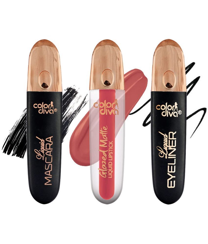     			COLOR DIVA Value Pack Combo, Glazed Matte Liquid Lipstick With Eyeliner & Mascara, Pack Of 3