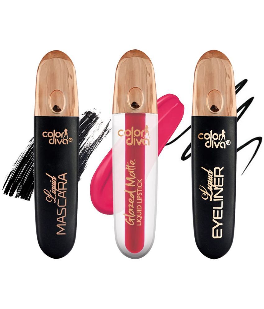     			COLOR DIVA Value Pack Combo, Glazed Matte Liquid Lipstick With Eyeliner & Mascara, Pack Of 3