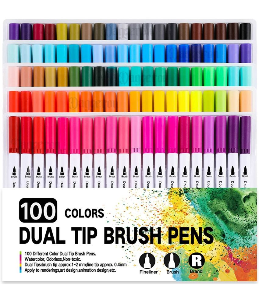     			Dual Markers Brush Pen, 100 Colored Markers, Fine Point and Brush Tip Art Marker