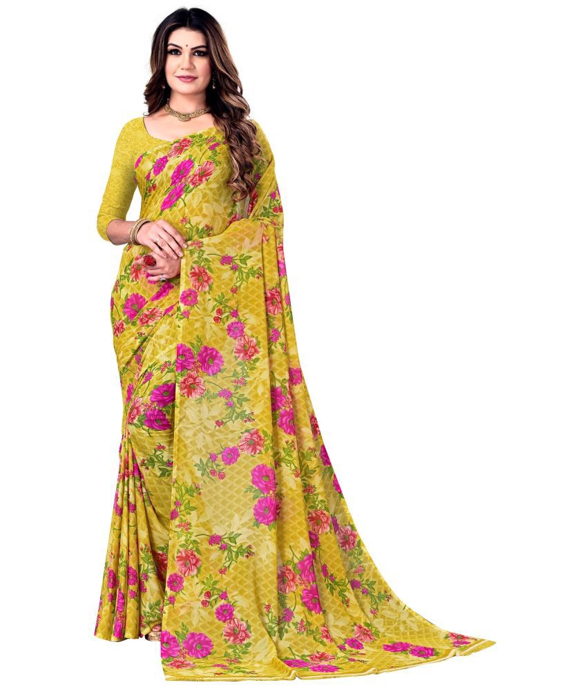     			Kanooda Prints Georgette Printed Saree With Blouse Piece - Yellow ( Pack of 1 )