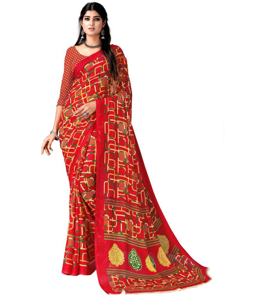     			Kanooda Prints Georgette Printed Saree With Blouse Piece - Red ( Pack of 1 )