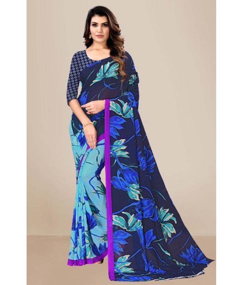     			Kanooda Prints Georgette Printed Saree With Blouse Piece - Blue ( Pack of 1 )