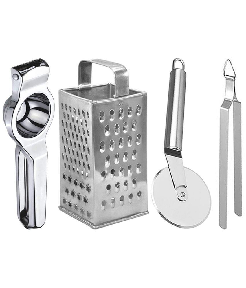     			OC9 Silver Stainless Steel Lemon Squeezer+8in1 Grater+Pizza Cutter+Chimta ( Set of 4 )