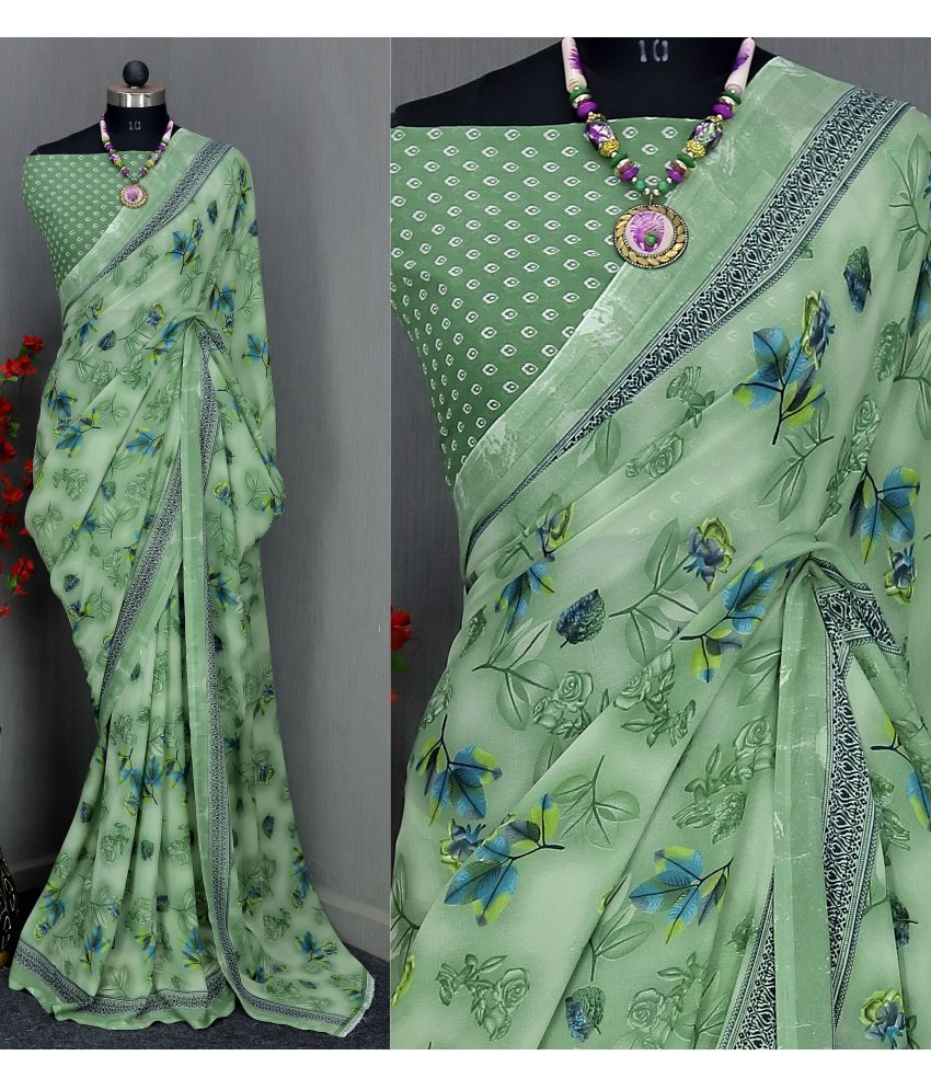     			Rekha Maniyar Georgette Printed Saree With Blouse Piece - Green ( Pack of 1 )