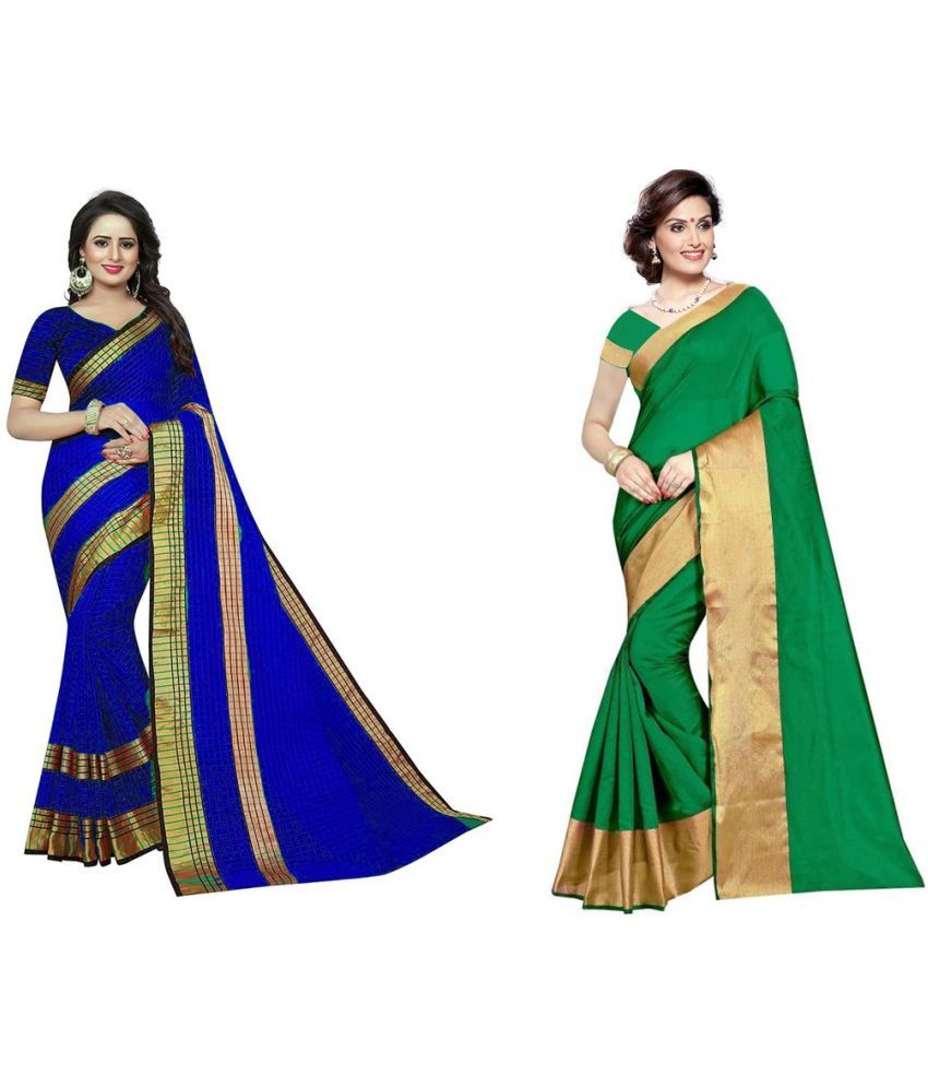     			Saadhvi Cotton Silk Applique Saree Without Blouse Piece - Green ( Pack of 2 )